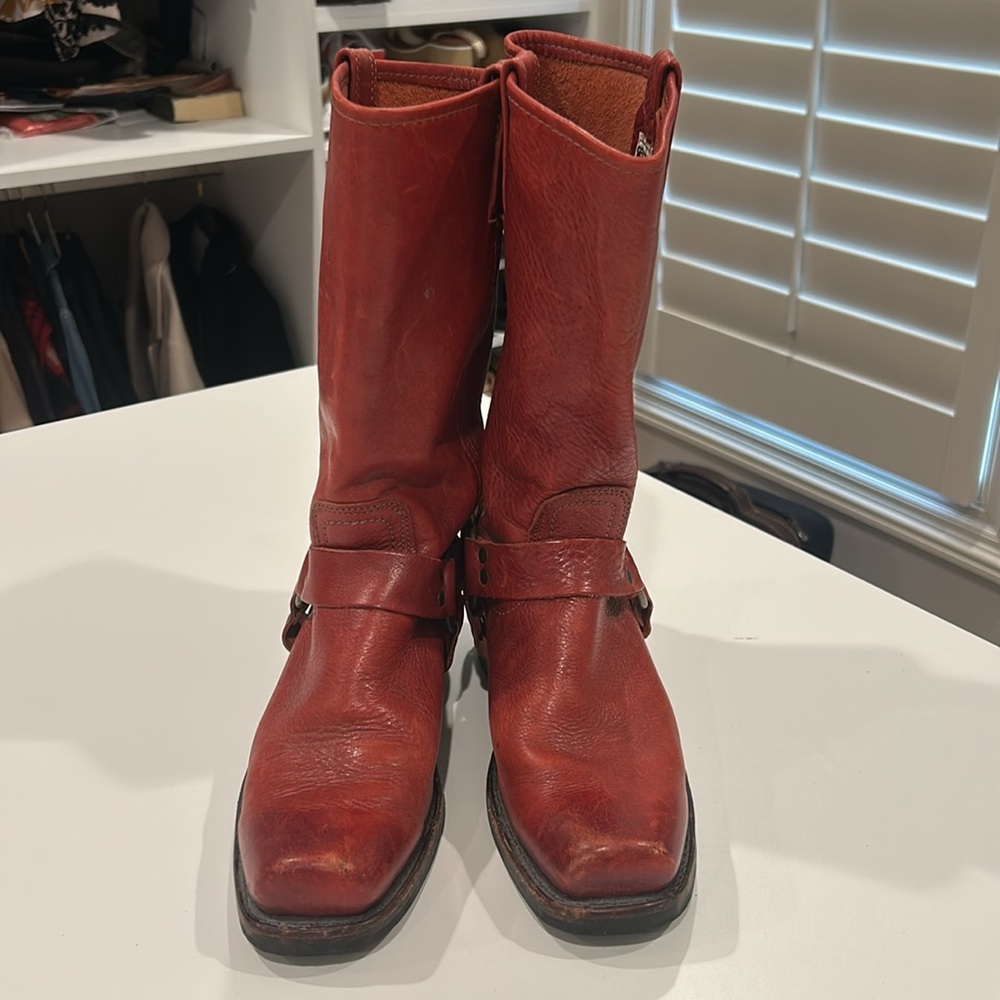 Frye Red Leather Harness Mid-Calf Heeled Boots - Picture 2 of 3